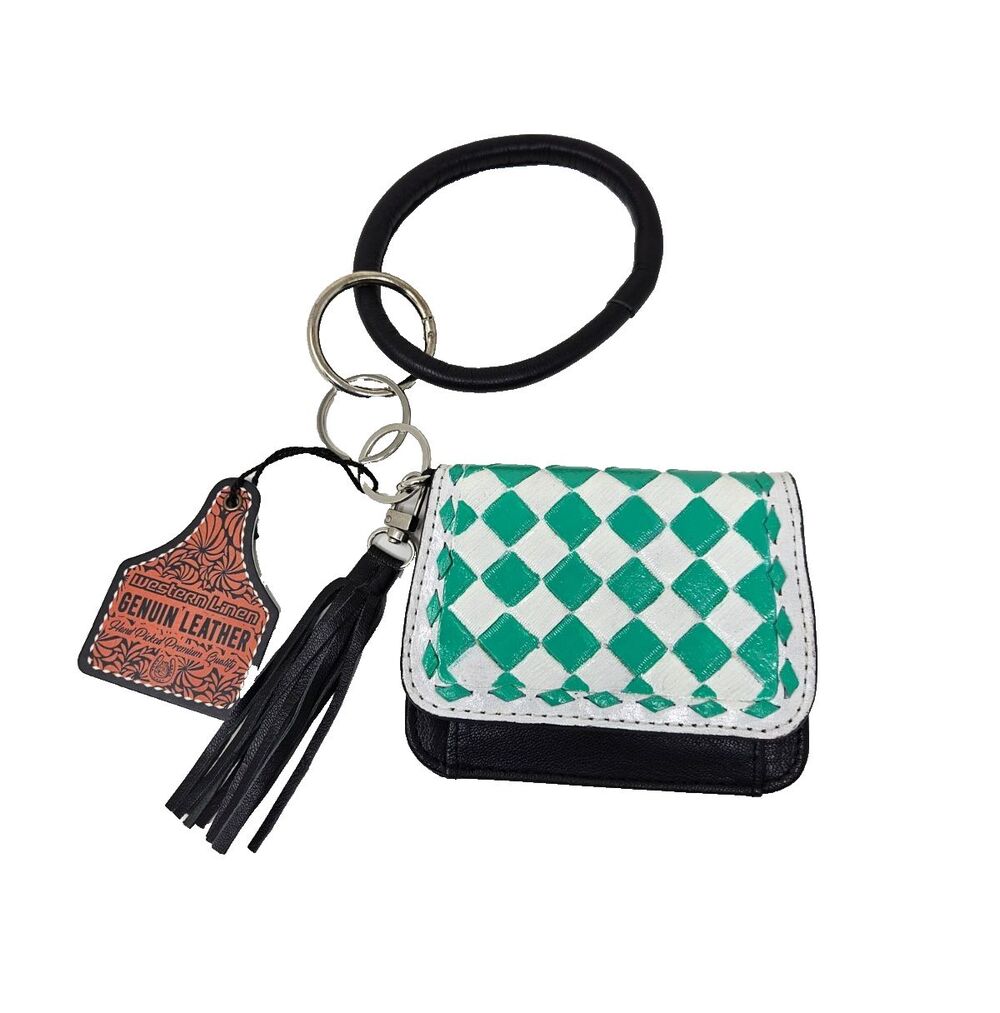 WESTERN LINENS Leather Checkered Wristlet Wallet Green White Black Tassel 5x4